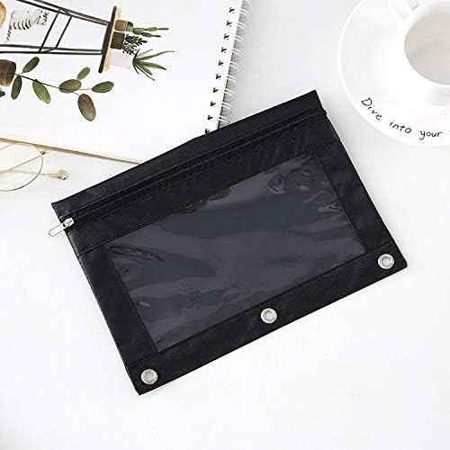 Zippered Binder Fabric Pencil Pouch | 3 Rings with Clear Window for School Classroom Organizers 8 pack (Black)