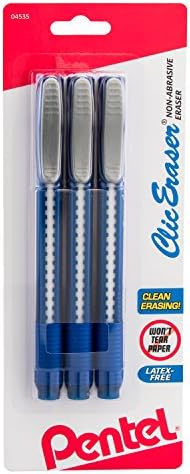 Pentel Clic Retractable Eraser with Grip, Assorted Barrel Colors, Pack of 3 (ZE21BP3K6)
