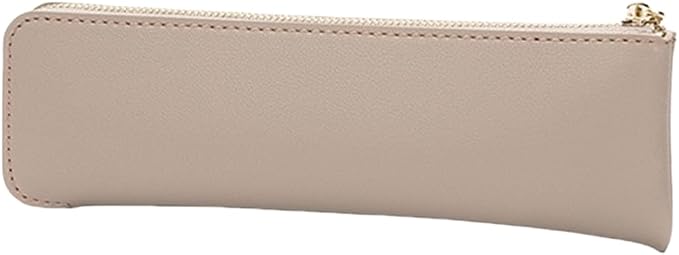Faux Leather Pencil Case Slim Pencil Pouch Durable Zipper Stationery Bag Small Travel Use（Khaki/FL）