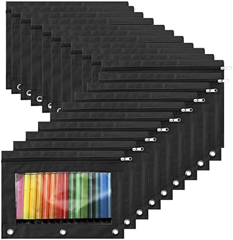 Marspark 48 PCS Pouch Bag for 3 Ring Binder - Bulk Zipper Pencil Binder Pouches with Clear Window for Utensils Storage Supplies(Black)