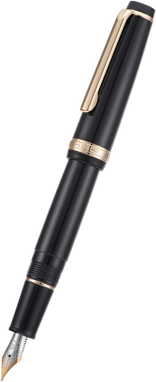 Jinhao 82 Black Acrylic Fountain Pen, Iridium Fine Nib Classic Design Smooth Writing Pen with Ink Converter (Gold Trim)