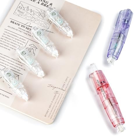 White Retractable Correction Tapes, 2 Cute Pre-Loaded Correctors with 4 Refills, Pull-Out Pen-Shaped Applicator, Anti-Break Tape for Office Supplies(Pink, Purple)