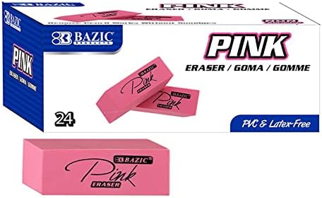 BAZIC Products Pink Bevel Block Erasers, Latex-Free, PVC-Free, 24-Box | soft latex-free rubber, pink beveled block erasers, Erases pencil and lead cleanly without smudging or tearing, Bulk box
