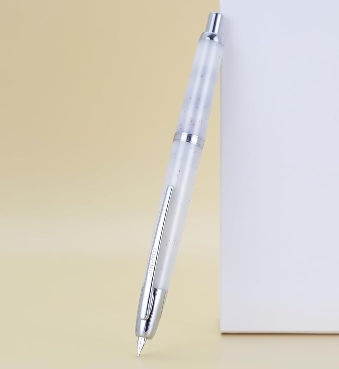 Jinhao 20 Press Retractable Fountain Pen Fine Nib with Converter Resin Writing Gift Pen, White Snow with Silver Clip
