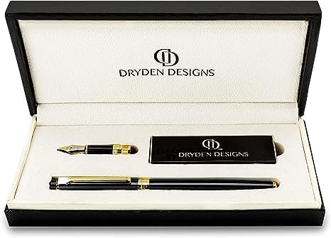 Dryden Designs Fountain Pen - Medium Nib and Fine Nib | Includes Luxury Box, 6 Ink Cartridges - 3 Black 3 Blue and Ink Refill Converter - Intense Black
