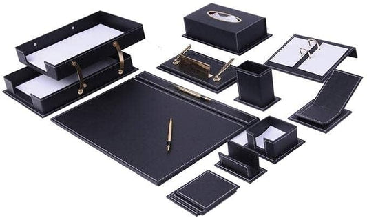 Desk Organizers - Desk Accessories - Leather Desk Organizer - Bonded Leather Desk Set - Home Office Accessories - Desk Supplies - Leather Desk Set - Office Accessories - 14 PCS (Black)
