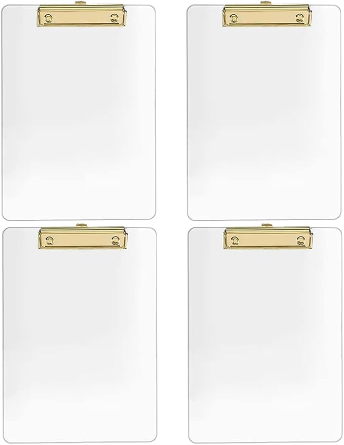 JIARI 4 Pack Clear Acrylic Office Clipboard A4 Letter Size 8.6" x 12.2" (Gold 4 Pack)