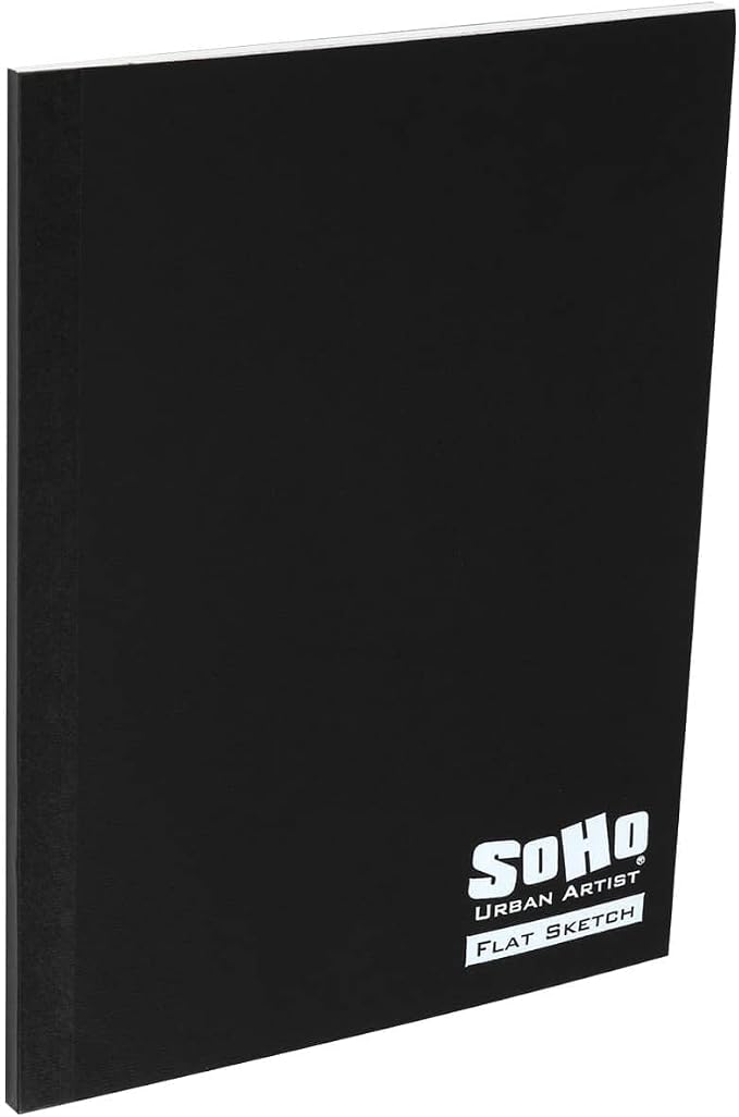 SoHo Urban Artist Tape Bound Lay Flat Sketch Book, Black Cover, 6x8 30 Sheets, Smooth Mixed Media Sketchbook, 71lb. (106 GSM) Paper Travel Art Journal, Customizable Soft Cover