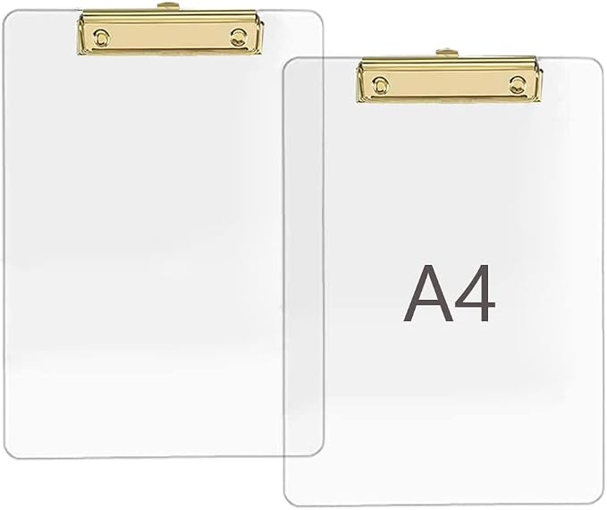 JIARI 2 Pack Clear Acrylic Office Clipboard A4 Letter Size 8.6" x 12.2" (Gold)