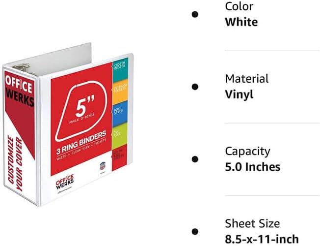 5 Inch 3 Ring Binder 2 Pack, Heavy Duty Locking D-Ring, Holds 950+ Sheets, PVC-Free, Assembled in USA, 8.5 x 11, Clear View Cover with Pockets, Customizable, Professional, White - Ring Binder Depot | Locking Rings, PVC-Free, Assembled in USA, 8.5 x 11,...
