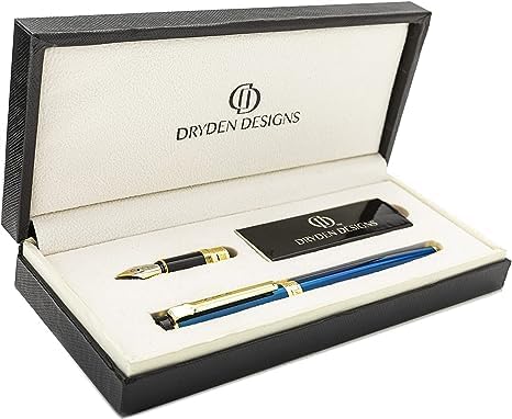 Dryden Designs Fountain Pen - Medium Nib and Fine Nib | Includes Luxury Box, 6 Ink Cartridges - 3 Black 3 Blue and Ink Refill Converter - Mysterious Blue