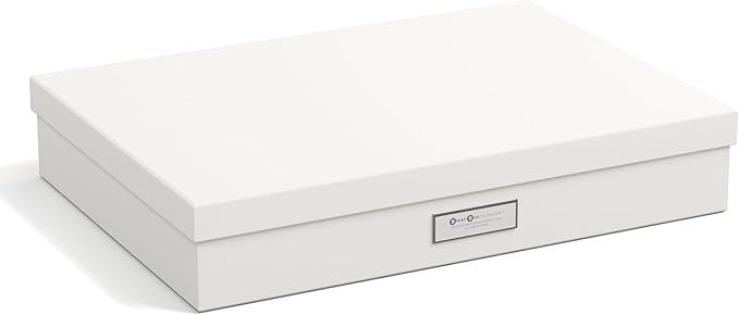 Bigso Sverker Fiberboard Legal and Art Storage Box - Scrapbook Storage Box for Loose Papers and More - Durable Document Boxes with Lid and Metal Label Holder - 17.1 in x 12.2 in x 3.3 in - White