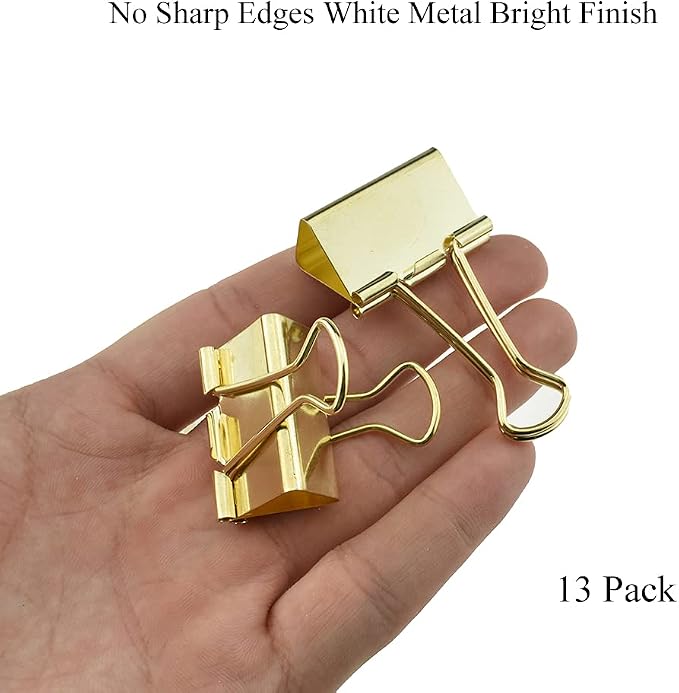 HAHIYO Binder Clips Paper Clamps Spring Steel Sturdy Medium 1.26 inches Width 0.39 Inch Capacity No Sharp Edges Heavy Duty Tight Grip Reusable Gold Metal Bright Finish for Home Office School 13 Pack