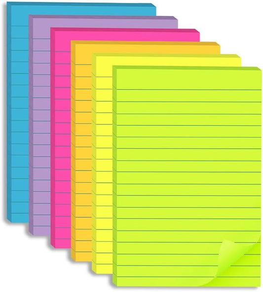 (6 Pack) Lined Sticky Notes 4x6 in,Large Notepads with Lines,Ruled Stickies Super Sticking Power,Office School Memo Note Pads Bright Colors,Post on Windows Doors,Recyclable,Easy to Write on