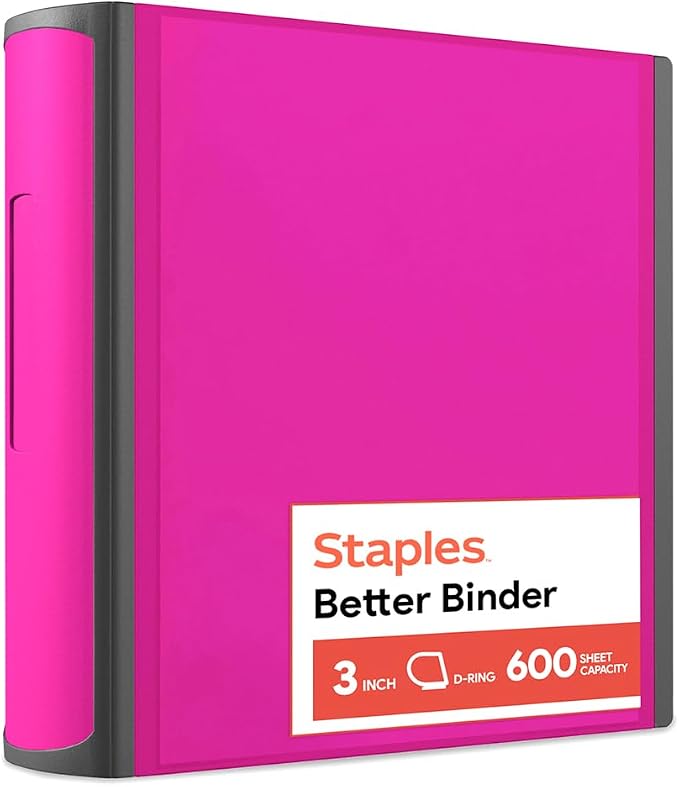 Staples Heavy-Duty 3-Inch D-Ring Binder, Pink – Large Capacity 3-Ring Binder, Holds Up to 600 Sheets for School & Office