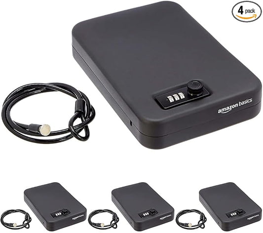 Amazon Basics Portable Security Case Lock Box Safe with Combination Lock for Valuables,Documents,College Dorm Room,XL,Black,(Pack of 4)