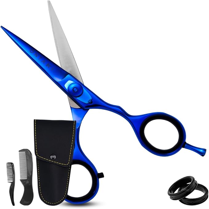 Ontaki Beard & Mustache Scissors - 5.5" Japanese Steel, Midnight Blue | Precision Sharp Blades, Ergonomic Finger Rest & Adjustable Tension Screw for Perfect Trimming - Beard Grooming Scissors