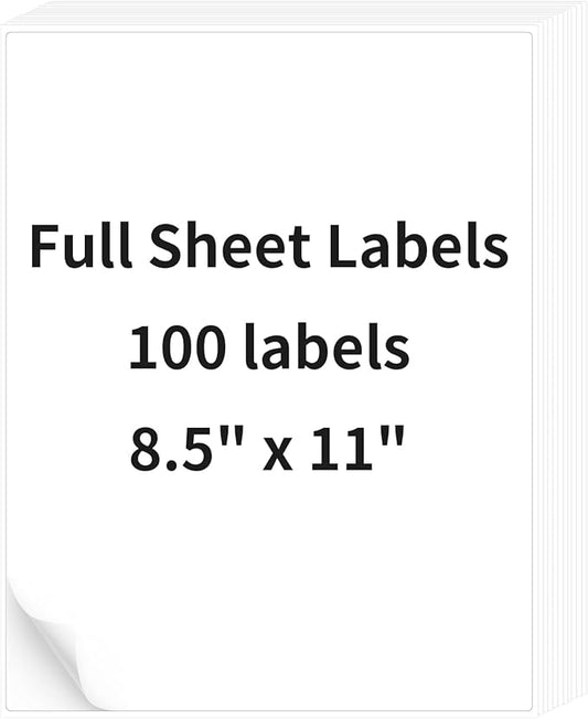 100 Sheets 8.5" x11" Full Sheet Shipping Labels, Printable Sticker Paper, Matte, Letter Size Label Stickers for Laser/Inkjet Printers (100 Labels)