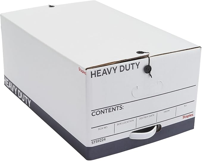 STAPLES Heavy Duty File Box, String and Button Lid, Legal, White/Gray, 4/Pack (TR59224)