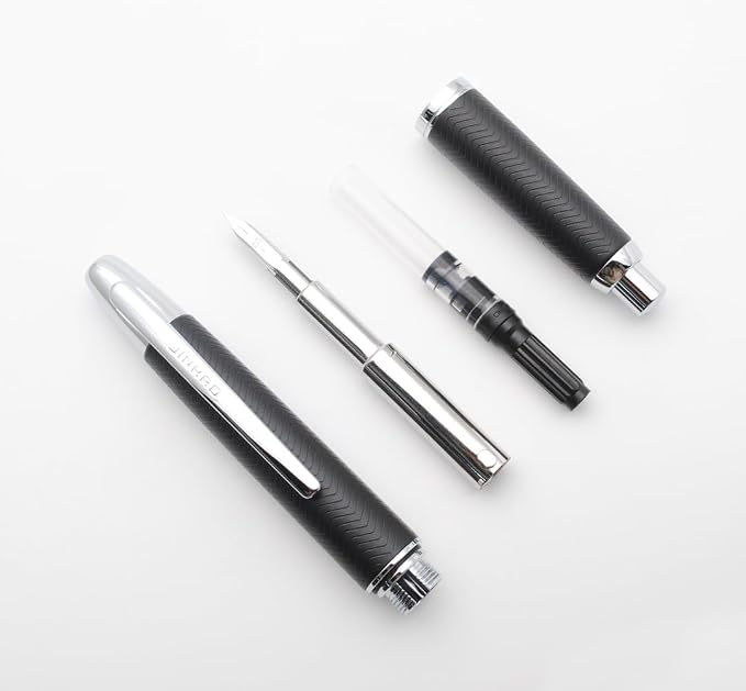 JINHAO 10 Press Fountain Pen, Retractable Metal Pen with Ink Converter (F Nib 0.5mm, Wavy Texture Matte Black)