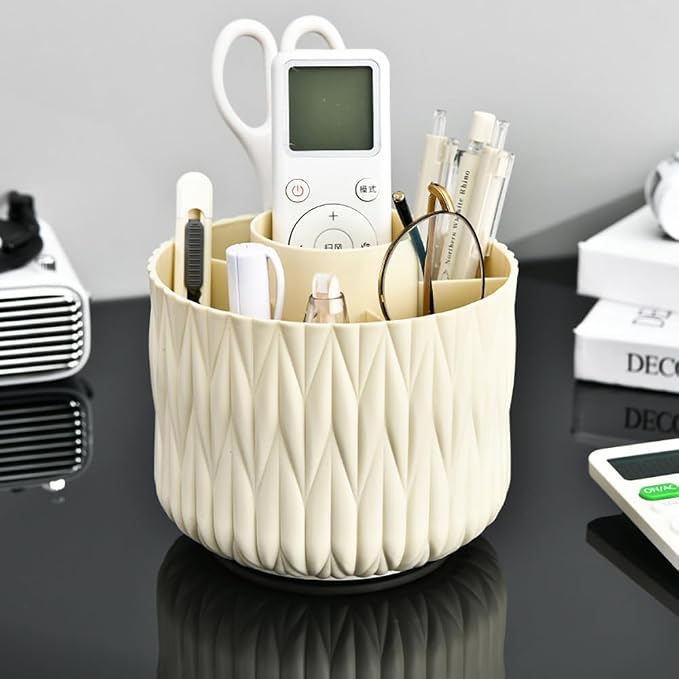 Rotating Makeup Brush Holder - Beige 5 Slot 360° Spinning Organizer for Vanity Desk, Cute Aesthetic Storage for Women, Multi-purpose Pen Pencil Caddy for Office Home Art Supplies