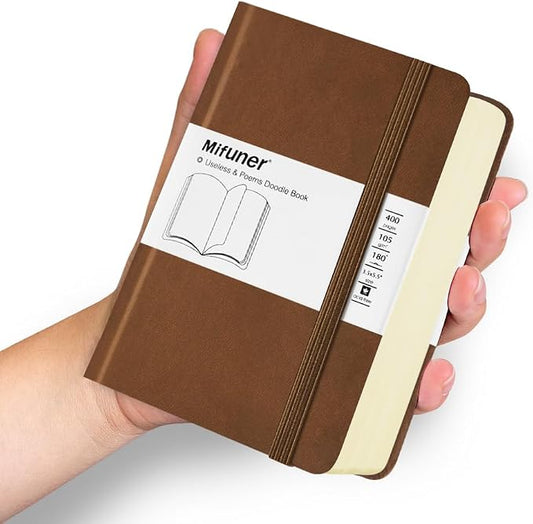 Mifuner Small Rectangle 3.5x5.5 200 Sheets 105gsm Mini Notebooks Blank Pages Sketchbooks Pocket Paint Writing Diary Memo PU Leather Cover Brown