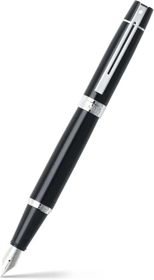 Sheaffer 300 Glossy Black Fountain Pen with Chrome-Plated Trim and Medium Nib