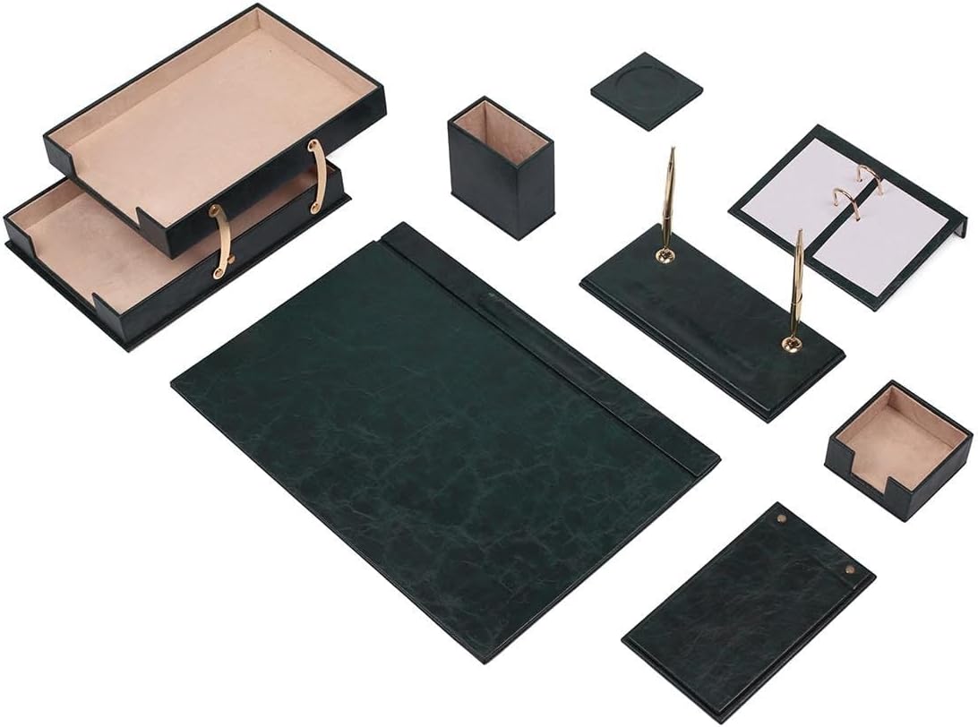 Luna Luxury Leather Desk Set for Men – 10 Piece Executive Office Desk Organizer Set with Document Tray, Desk Pad, Pen Holder, A5 Agenda with Fountain Pen Set – Multiple Color Options (Green)