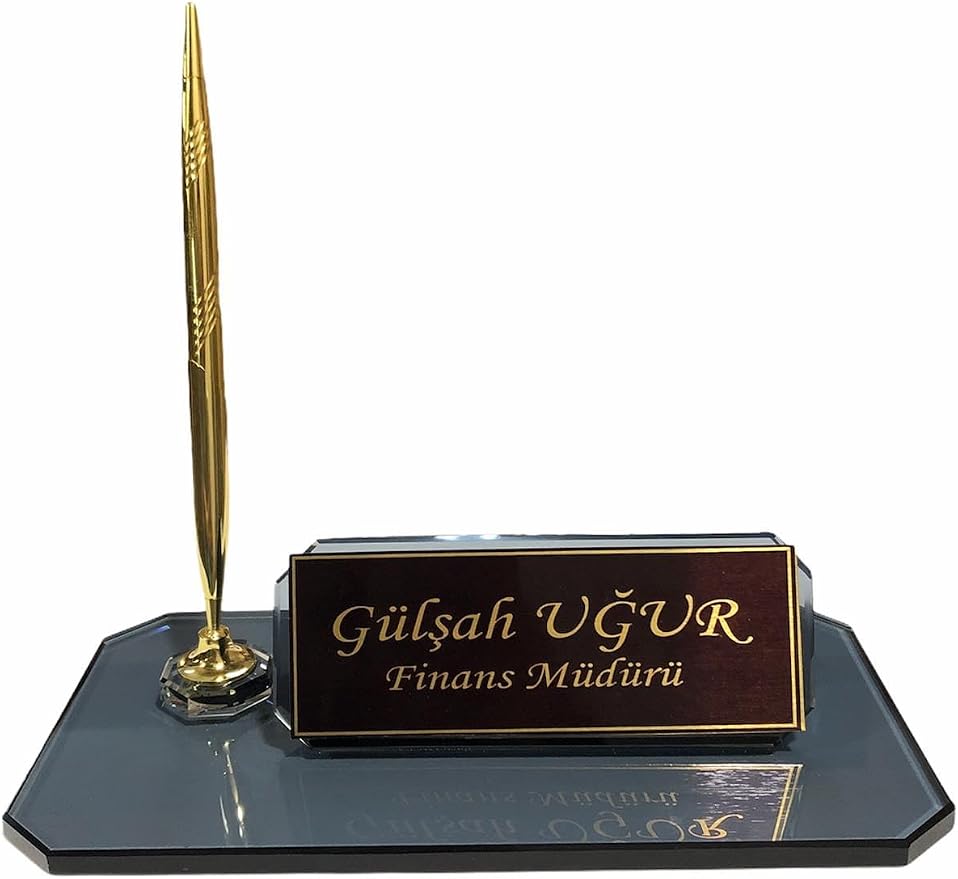 MOOGCO Custom Desk Name Plate : Black Glass Desk Name Plate with Clock, Pen Holder with 2 Pens, Cardholder - Desktop Nameplate, Desk Organizer (Black Single Small)