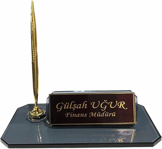 MOOGCO Custom Desk Name Plate : Black Glass Desk Name Plate with Clock, Pen Holder with 2 Pens, Cardholder - Desktop Nameplate, Desk Organizer (Black Single Small)