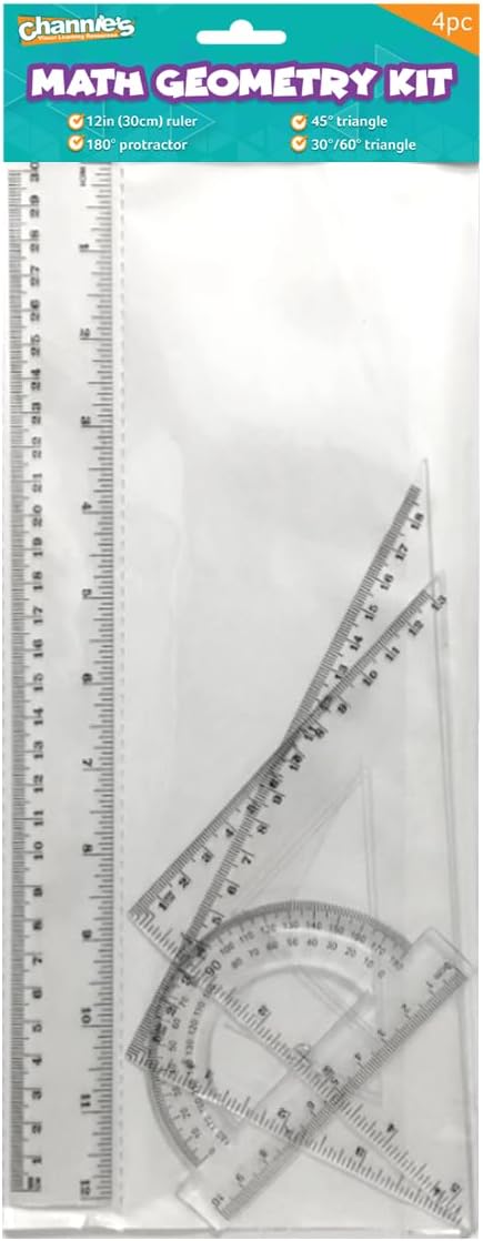 Channie's Math Ruler Kit Geometry Set - High School Supplies with 12 Inch Ruler, 180° Protractor, 45° and 30°/60° Triangles - Clear Drafting Tools for Elementary, Middle, and High School Students