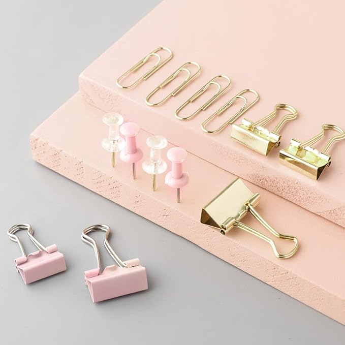 Paper Binder and Clips Set, Metal Assorted Sized Binders with Push Pins, Cute Office Supplies, Teacher Desk Must Haves, Cute Desk Accessories