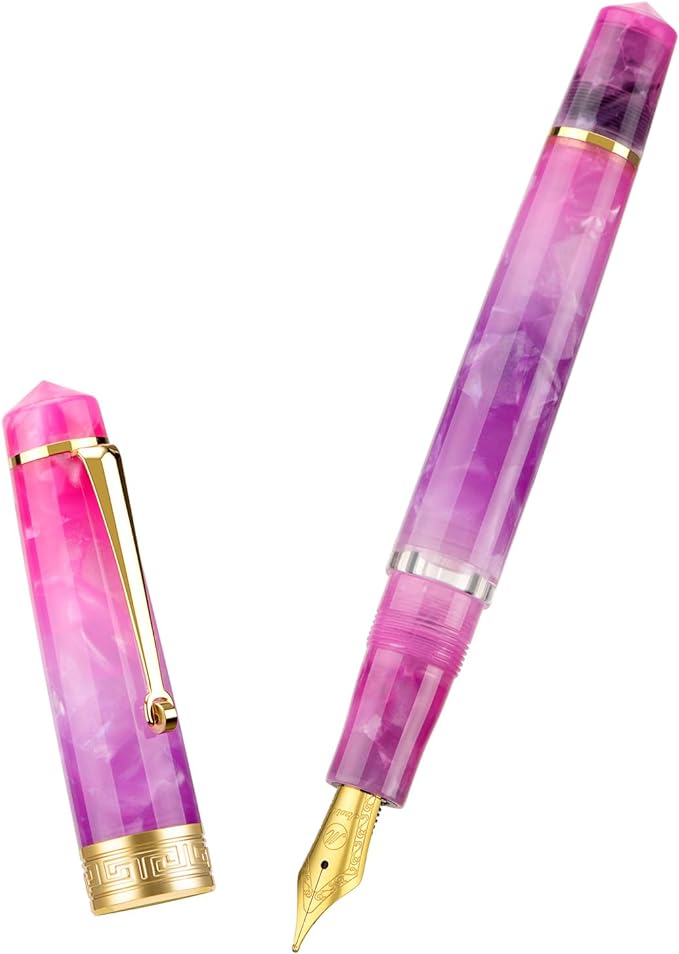 Asvine P20 Piston Fountain Pen Gradual Purple Resin, Iridium Extra Fine Nib Gold Trim Smooth Writer Collection with Case Set