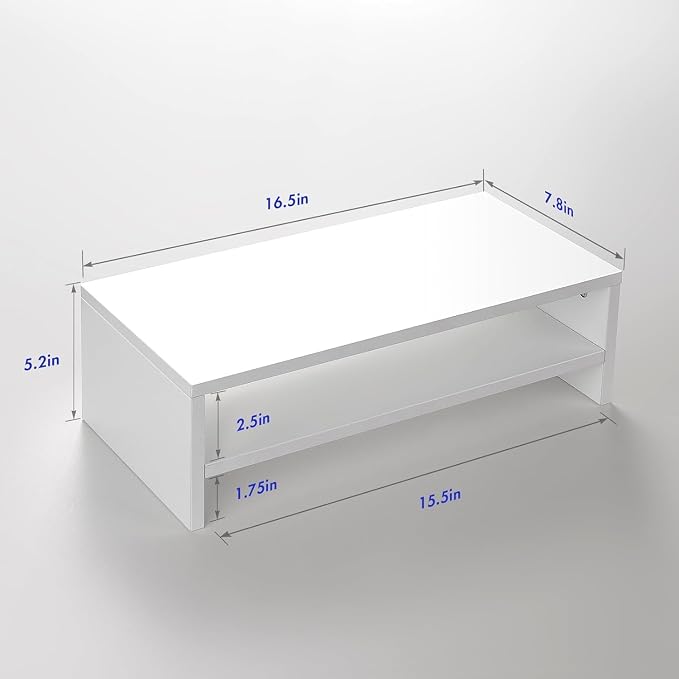 BEYGORMMonitor Stand Riser, White, 16.5 inch, 2 Tiers Wood Desk Shelf | Computer Screen Stand with Storage, For Desktop Laptop/Screen/TV/PC/Printer 16.5"L x 7.8"W x 5.2"H