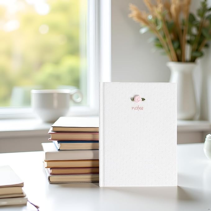 Pearhead Fabric Hardcover Journal Notebook 6x8 – Pointelle Embroidered College-Ruled Writing Journal with 200 Lined Pages, Pink