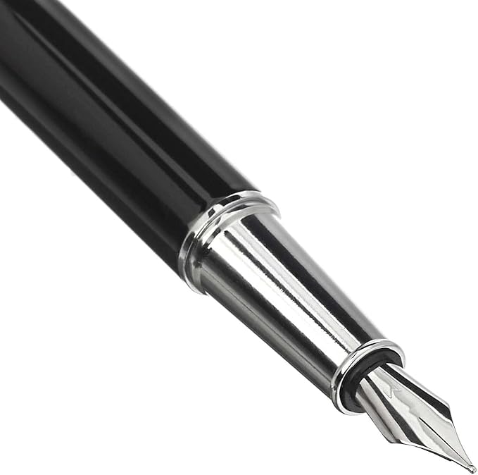 Amazon Basics Refillable Fountain Pen with Smooth Writing, Medium Point, Black Metal Barrel, Black Ink, 2 Replacement Cartridges