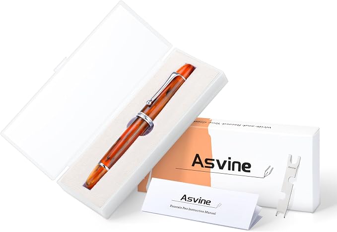 Asvine V800 Fountain Pen – Vacuum Filling System with Large Ink Capacity – Smooth Number 8 Extra Fine Nib with Gift Case and Wrench- Amber Acrylic