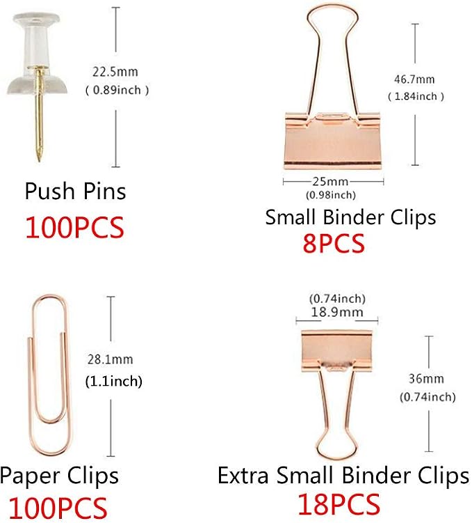 KIDMEN Rosegold kit,Set of Binder Clips,Paper Clips,Push Pins, Total 226pcs