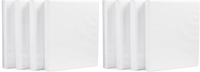 Amazon Basics 3-Ring Binder with Round Rings and Interior Pockets, 1-Inch, White, 8-Pack