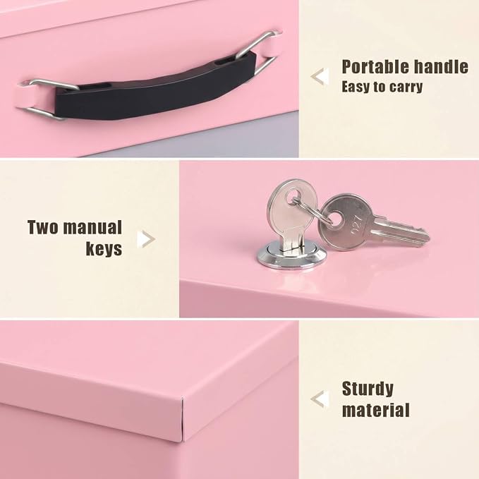 xydled Fire Resistant Safe Fire Safe Box with Key Lock for Home Office Security Storage for Valuables Documents,12.8 x 8.5 x 4.5 Inch,Pink