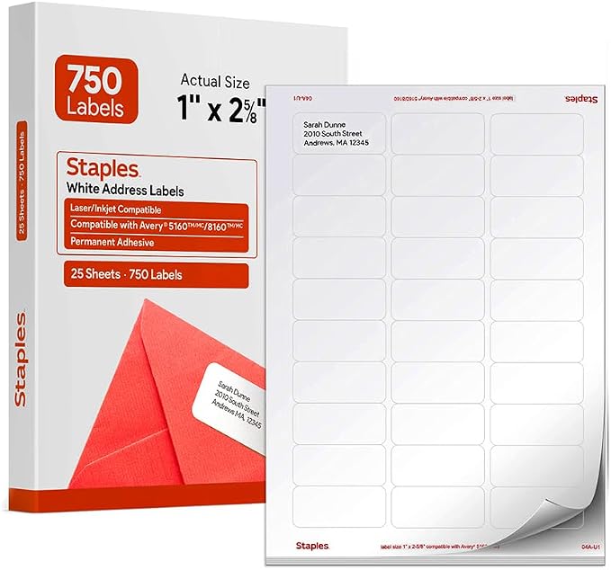 Staples 1" x 2-5/8" Address Labels, White – Printable Laser & Inkjet Mailing Labels, 750 Labels per Box