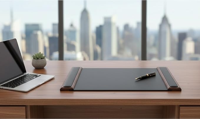 Dacasso 25.5” x 17.25” Walnut & Black Leather Desk Pad w/Side Rails - Luxury Desk Blotter for Writing - Padded Executive Desk Surface Protector