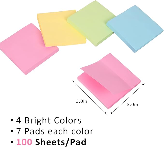 HappyHapi 28 Pack 2800 Sheets Sticky Notes 3x3 Inch100 Sheets/Pad, 4 Soft Colors (Yellow, Green, Pink, Blue) Light Colored Self-Stick Pads, Bulk Office Supplies for Work, School & Home
