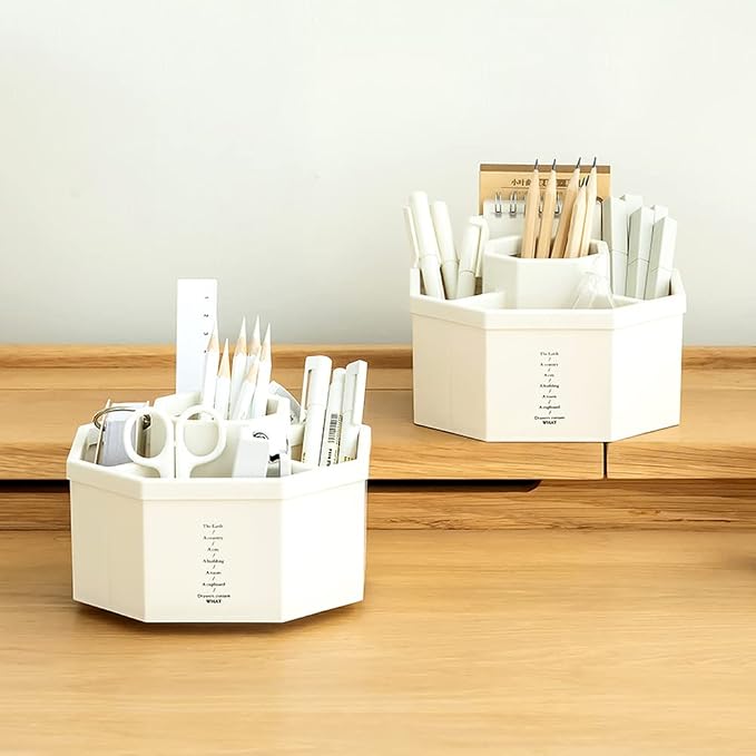 Desk Organizer, 360-Degree Rotating Multi-Functional Pen Holder, 5 Compartments Desktop Stationary Organizer, Home Office Art Supply Storage Box Caddy (White)