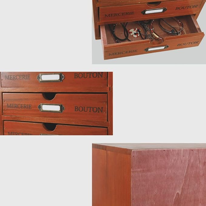 Small Wooden Drawers Wooden Box with Drawer Brown | 4 Drawer Storage Box for Apothecary Cabinet, Apothecary Drawers，Desktop Organizer with Metal Handles for Office，Home