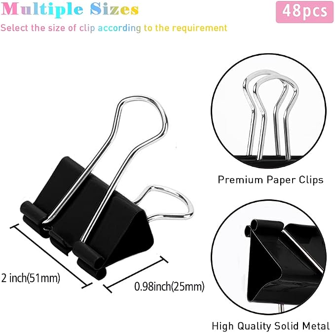 Binder Clips, 48 Pack, 2 Inch, Black, Non-Standard 51mm, Extra Large Binder Clips, Paper Binder Clips, Binder Clips Extra Large Size, Extra Large Paper Clips, Office Clips