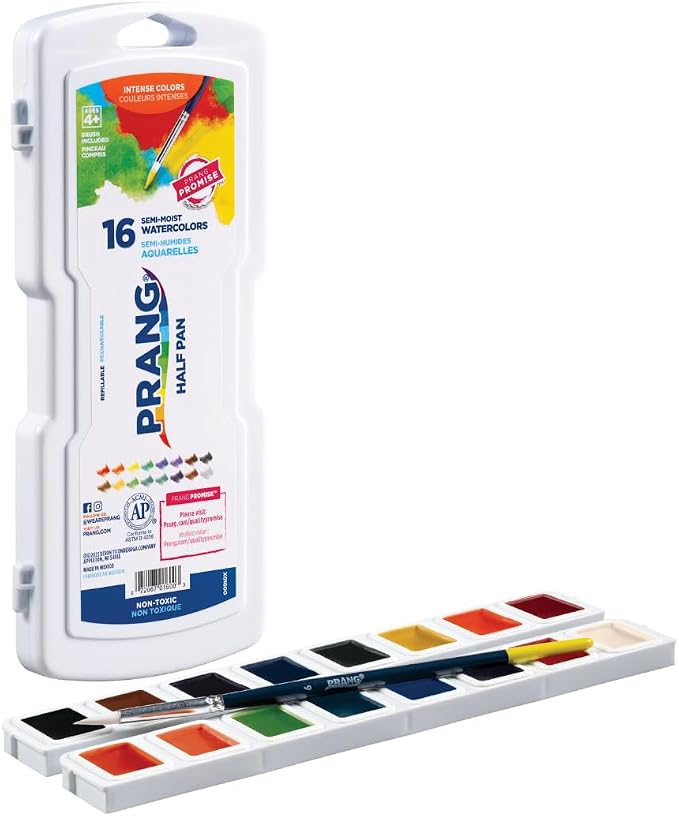 Prang Semi-Moist Watercolors 16-Color Half Pan Paint Set, Pack of 6 | Refillable, Size 6 Paint Brush Included