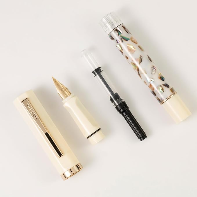 Jinhao 58 Fountain Pen - Natural Sea Shell Inlay Fine Nib Writing Pen with Ink Converter & Silver Metal Gift Box, Ivory White