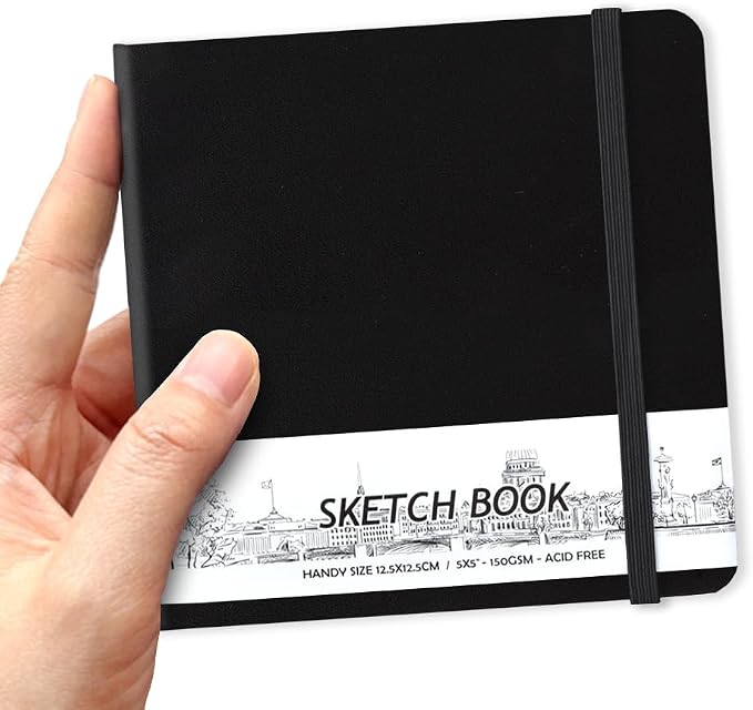 5" x 5" Hardcover Sketch Book,58 Sheets Small Mixed Media Pocket Sketch Pad | PU Cover,150 GSM Acid Free Artist Drawing Paper,Travel Journal Blank Notebook for Adults Sketching,Illustration.Black