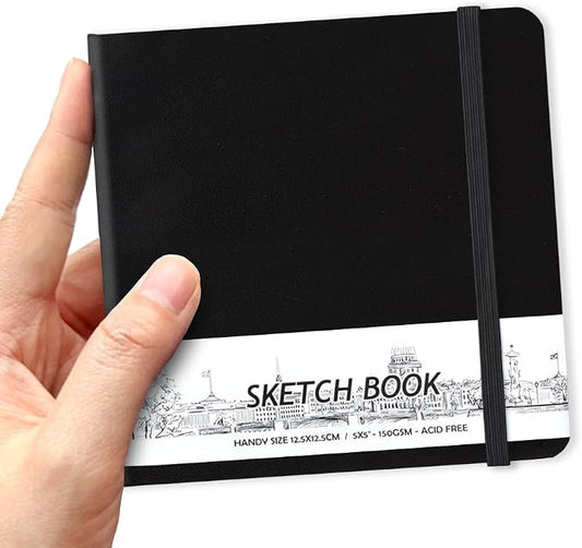 5" x 5" Hardcover Sketch Book,58 Sheets Small Mixed Media Pocket Sketch Pad | PU Cover,150 GSM Acid Free Artist Drawing Paper,Travel Journal Blank Notebook for Adults Sketching,Illustration.Black